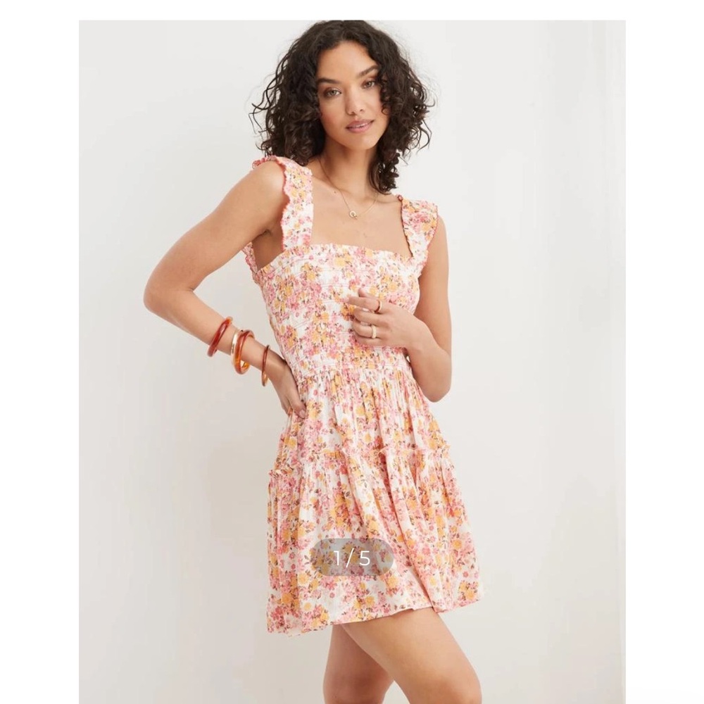 AE Smocked Off-The-Shoulder Mini Dress XS in Eyelet Rose (pink/gold floral) NWT!